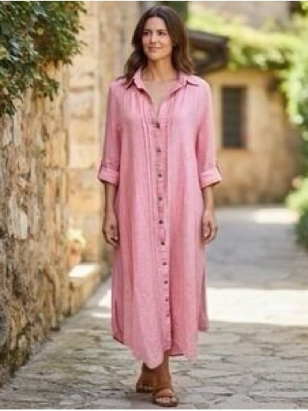 Calypso St. Barth Pink Button-Front Linen Maxi Dress, like new!